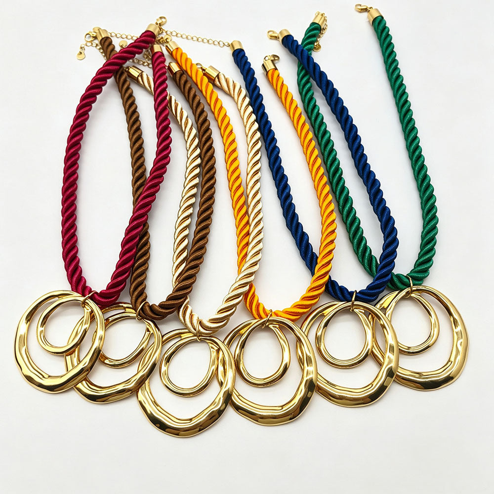 Double Ring Braid Necklace For Women With 304 Stainless Steel Pendant And Rope Chain