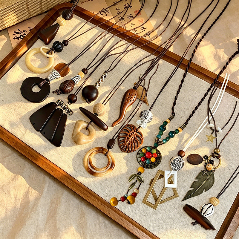 Ethnic Style Handmade Brown Cotton Braid Plant Sweater Chain Necklace For Unisex