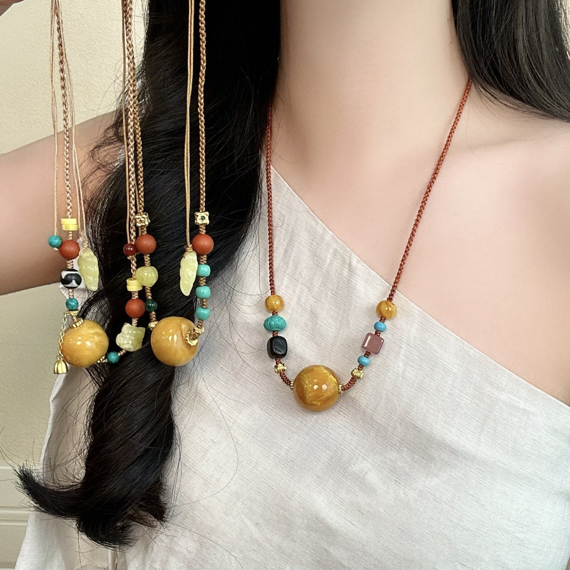 Ethnic Style Pendant Necklace With Beading Craft And Rope Beaded Chain, Unisex Colour Beading Material