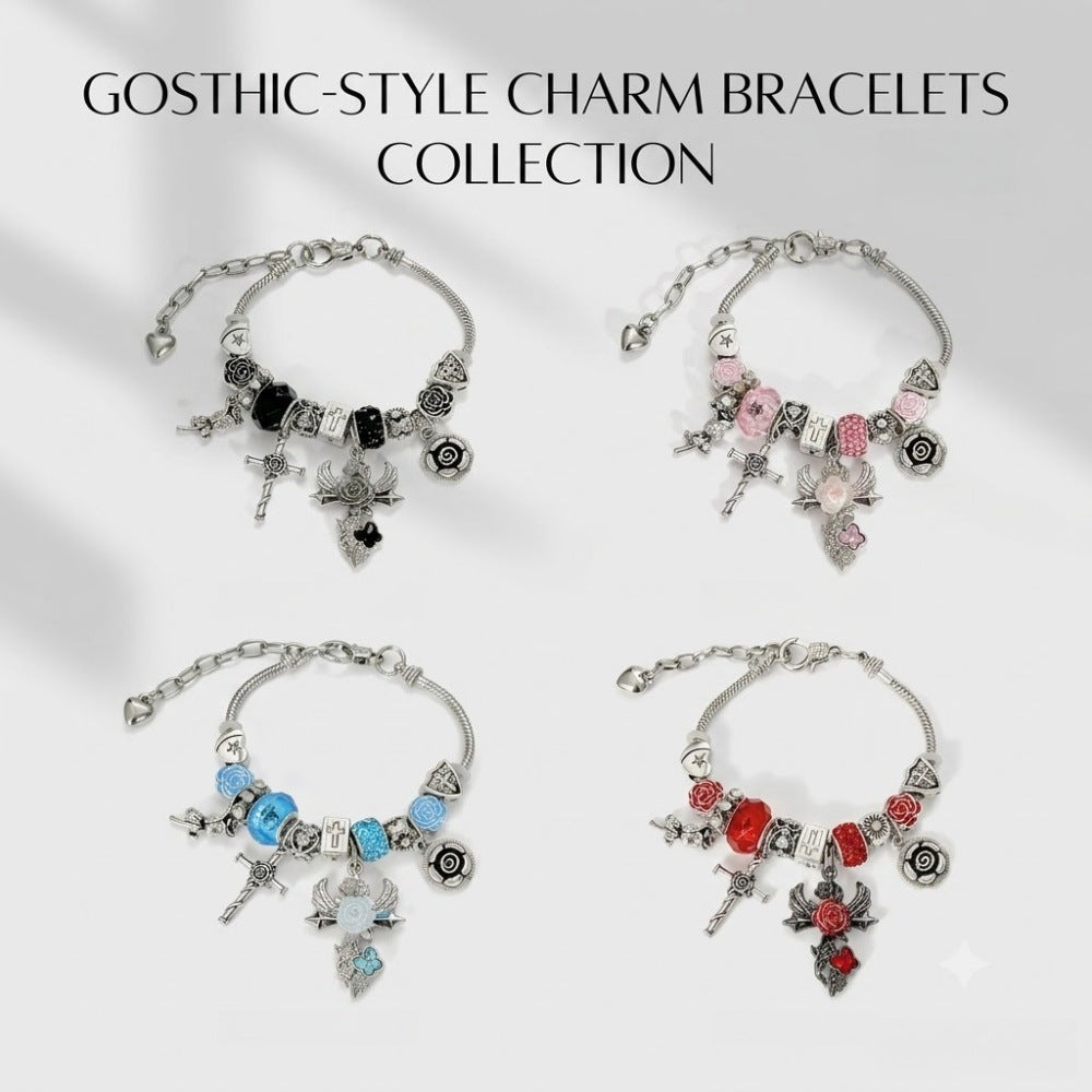Gothic Cross Beaded Bracelet For Women With Zinc Alloy Pendant And Adjustable Slider Chain