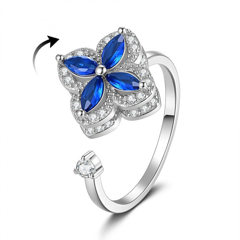 Gold Flowers Fidget Ring For Women In Copper With Golden Plated Finish And Rotatable Craft Featuring Zircon Inlay