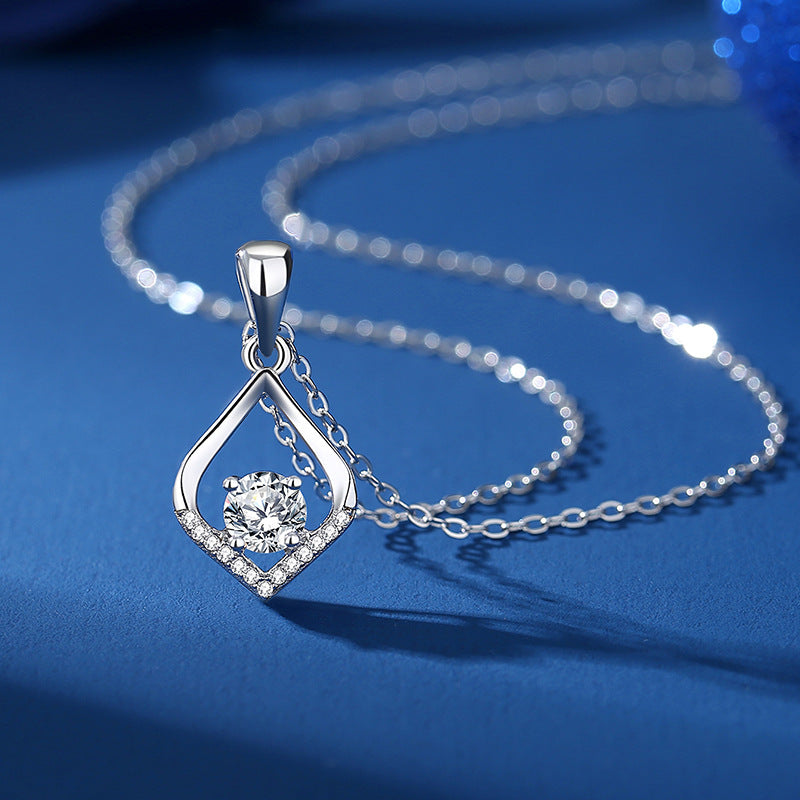Geometric Pendant Necklace For Women In Simple Style, 925 Sterling Silver With Moissanite, Claw Setting And Cable Chain