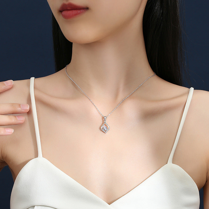 Geometric Pendant Necklace For Women In Simple Style, 925 Sterling Silver With Moissanite, Claw Setting And Cable Chain