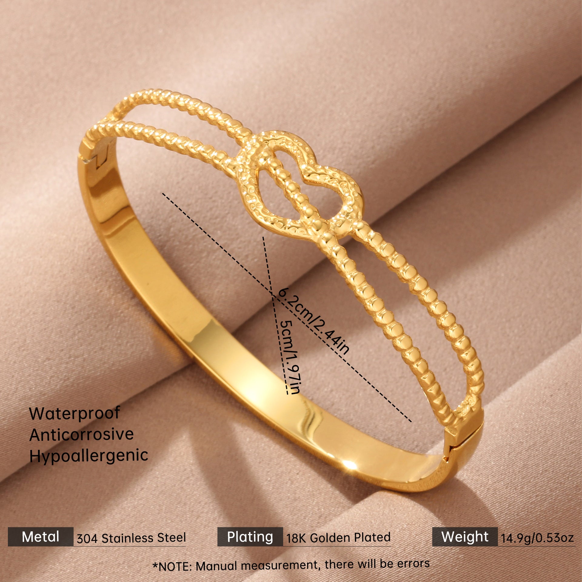 Heart Shape Bangle In 304 Stainless Steel With 18K Real Gold Plated Finish And PVD Coated For Durability, Available In Gold
