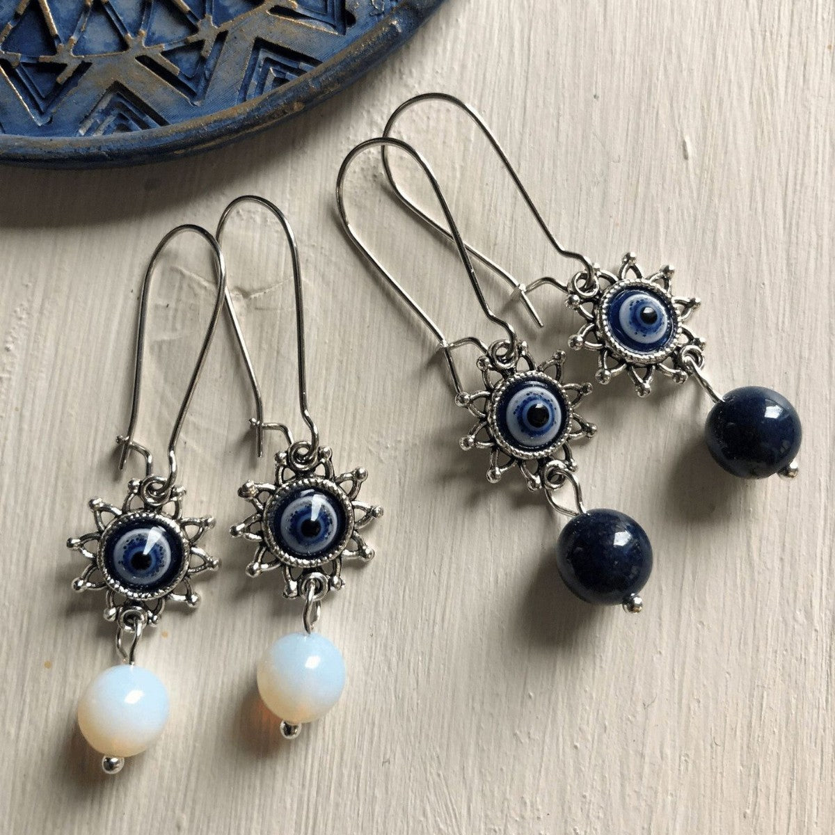 Devil's Eye Bohemian Drop Earrings For Women With Zinc Alloy Ear Pins And Natural Stone Inlay