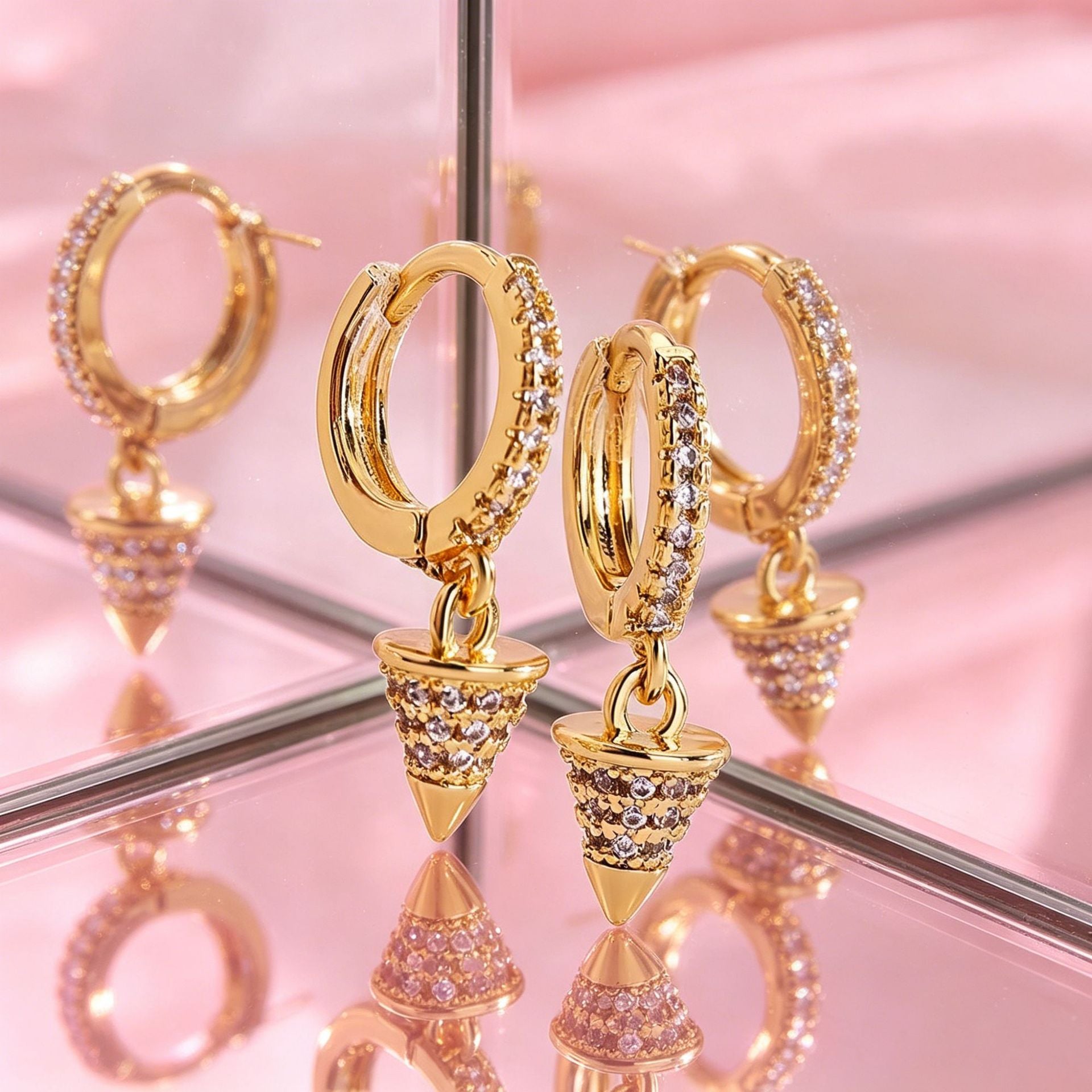 Geometric Copper Earrings For Women With Bezel Setting And Zircon Inlay, Featuring Copper Ear Pins