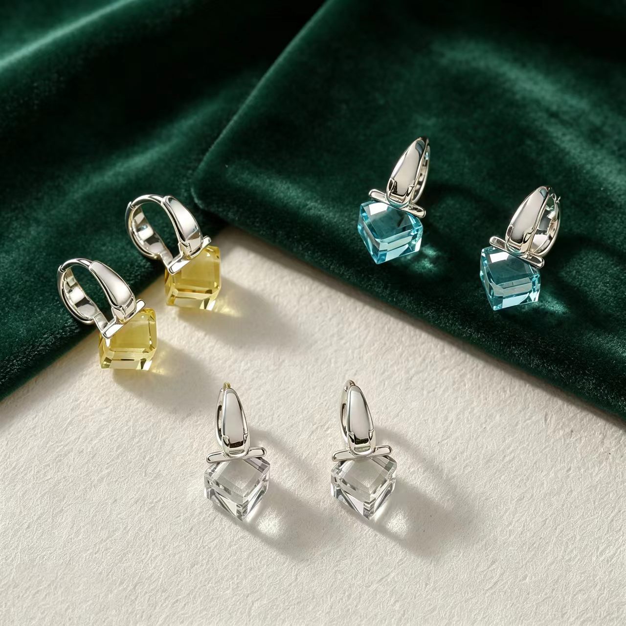 Geometric Three-dimensional Blue Copper Earrings For Women With Silver Plated Finish And Crystal Inlay