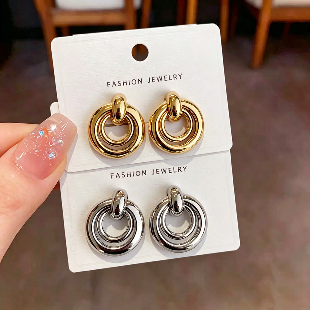 Double Ring Earrings For Women Featuring Electroplated Gold Finish And Copper Alloy With Copper Ear Pins