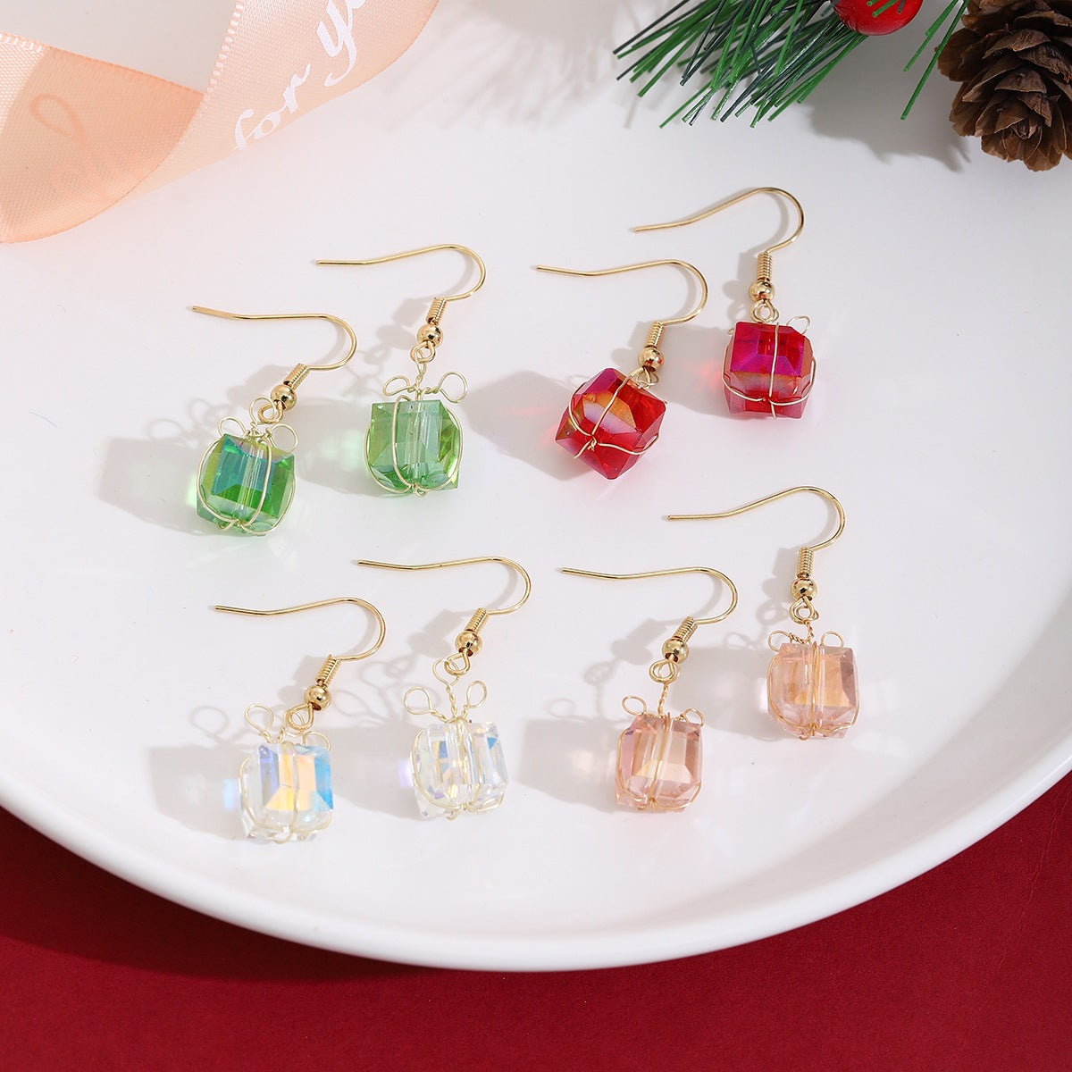 Handmade Geometric Red Glass Ear Hook Earrings For Women In Sweet Style With Glass Inlay