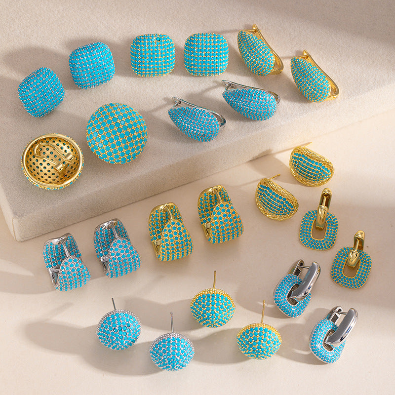 Geometric Hoop Earrings For Women In Green Copper With Turquoise Inlay Featuring Bezel Setting And Golden Plated Finish