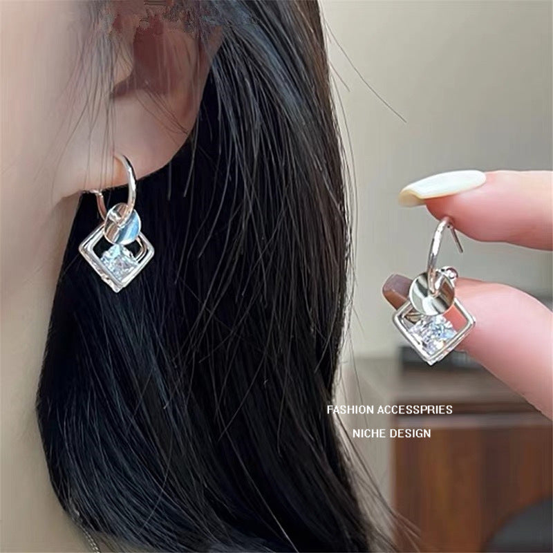 Handmade Square Copper Earrings With Zircon Inlay, Cute Style Stud Earrings For Women