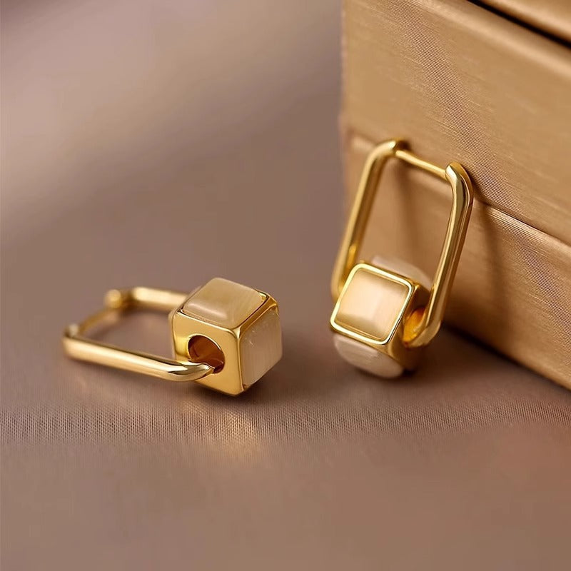 Geometric Earrings For Women Featuring Real Gold Plated Copper With Cat's Eye Stone Inlay