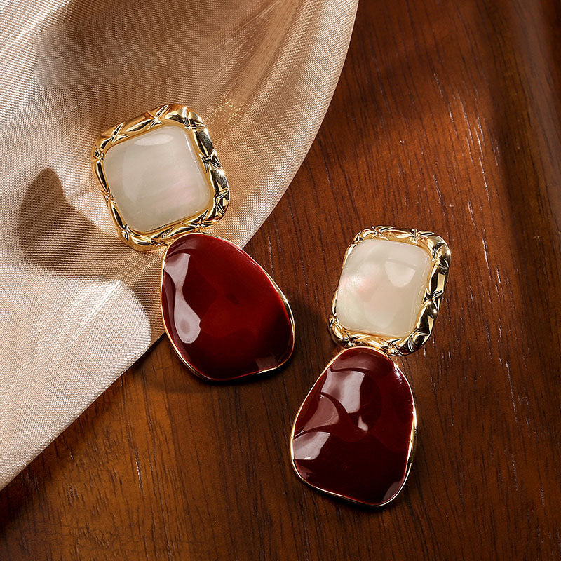 Asymmetrical Wine Red Earrings For Women Featuring 925 Sterling Silver Ear Pins In Retro Style Alloy Design