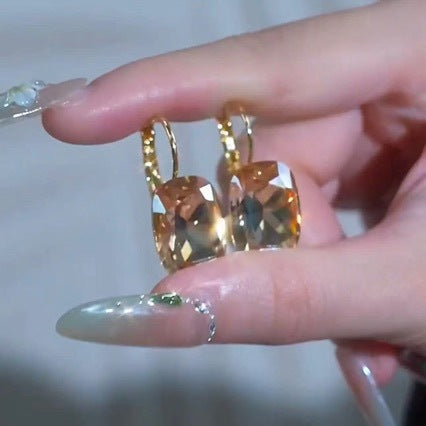 Faceted Square Champagne Crystal Earrings For Women With Copper Alloy Ear Pins