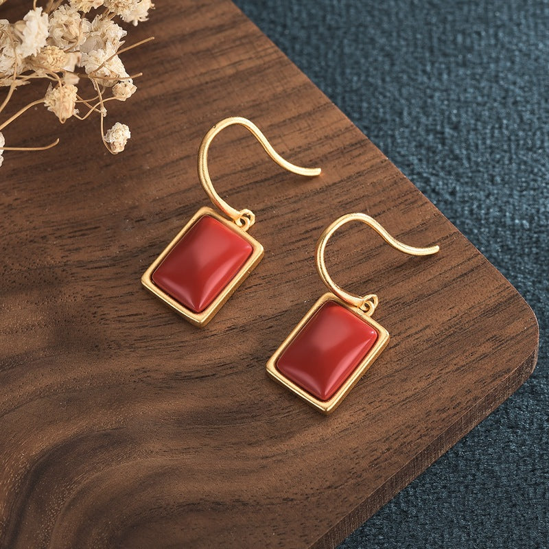 Geometric Earrings For Women In Gold Featuring Brass Material With Golden Plated Finish And Carnelian Inlay