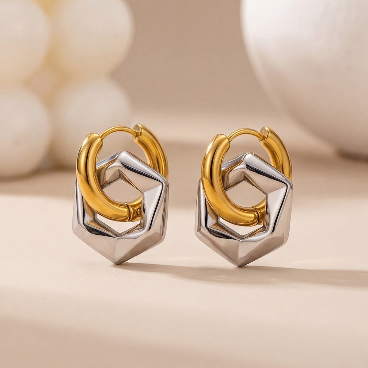 Hexagon Earrings For Women In Ombre Color, Made Of Titanium Steel With Electroplated Finish And 304 Stainless Steel Ear Pins