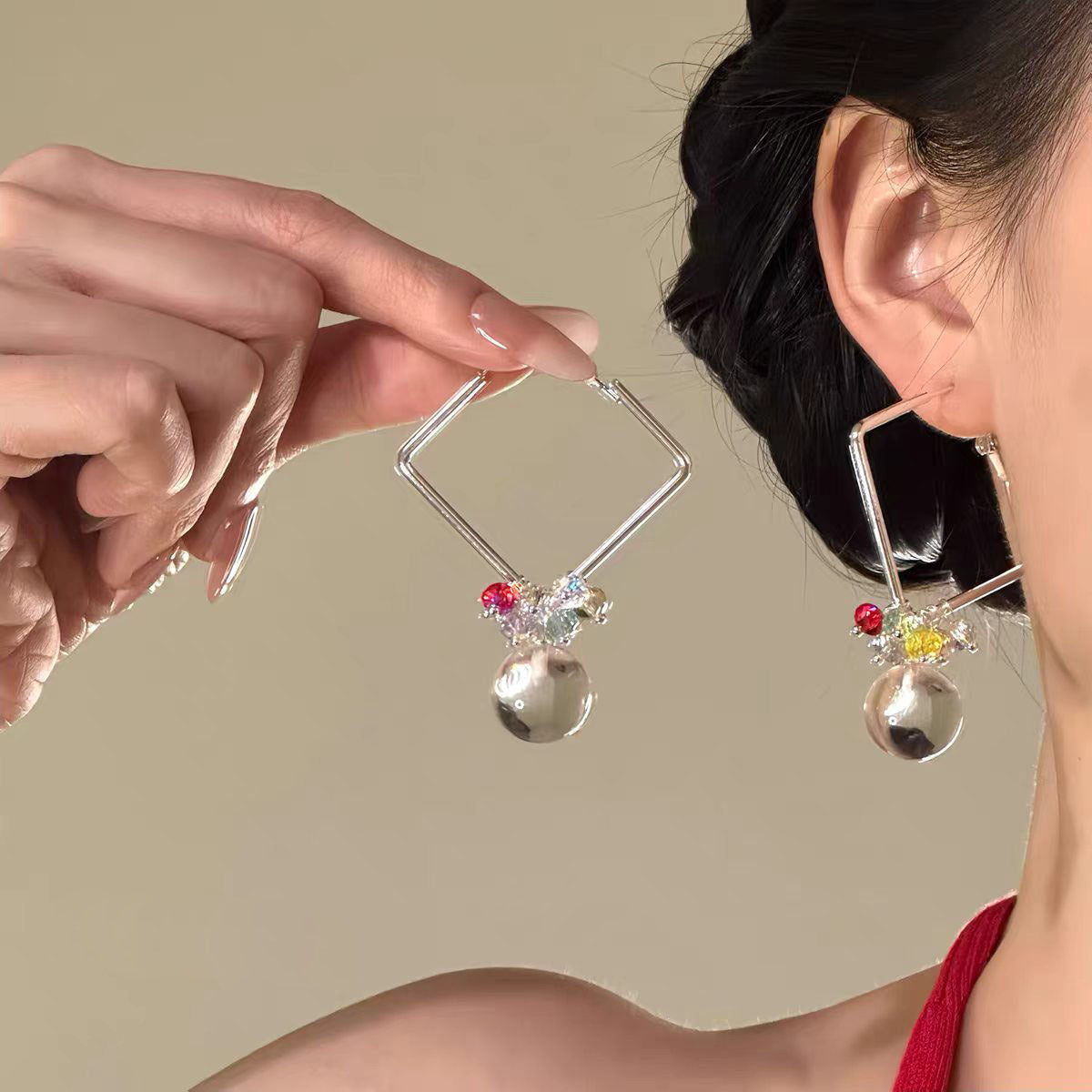 Exaggerated Square Hoop Earrings For Women Featuring Glass Beading In Colour Glass Material