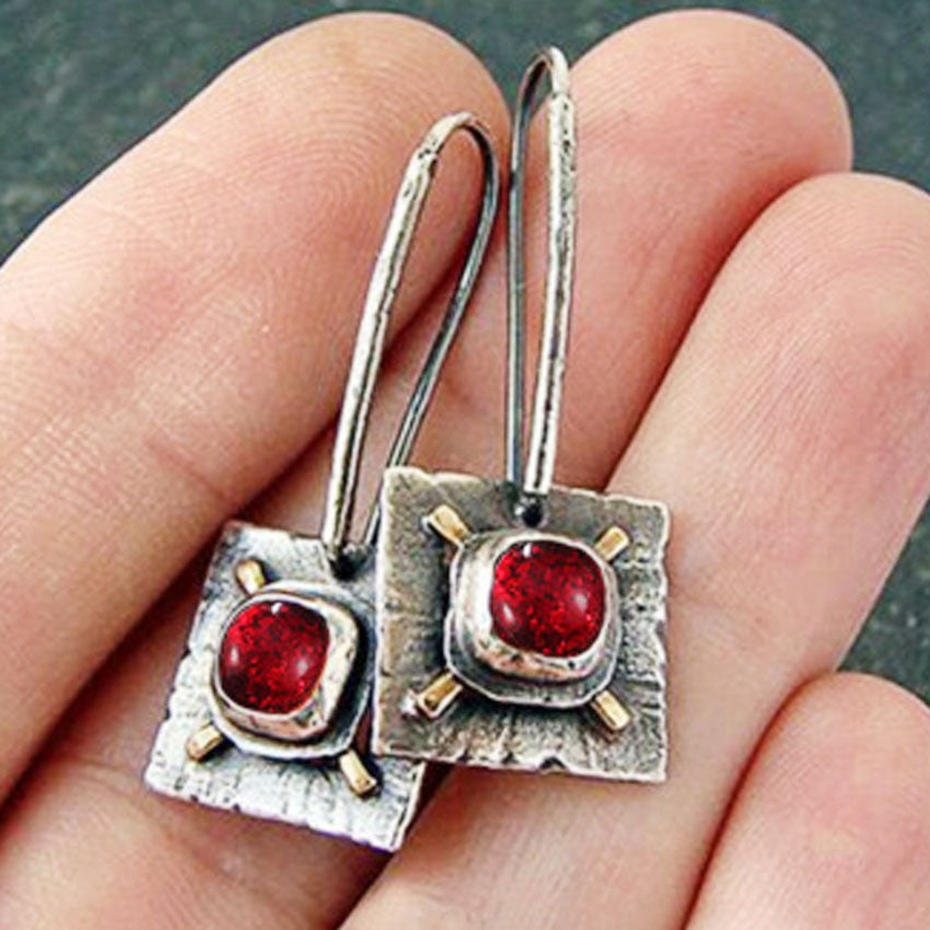 Geometric Red Alloy Earrings For Women With 304 Stainless Steel Ear Pins And Gem Inlay