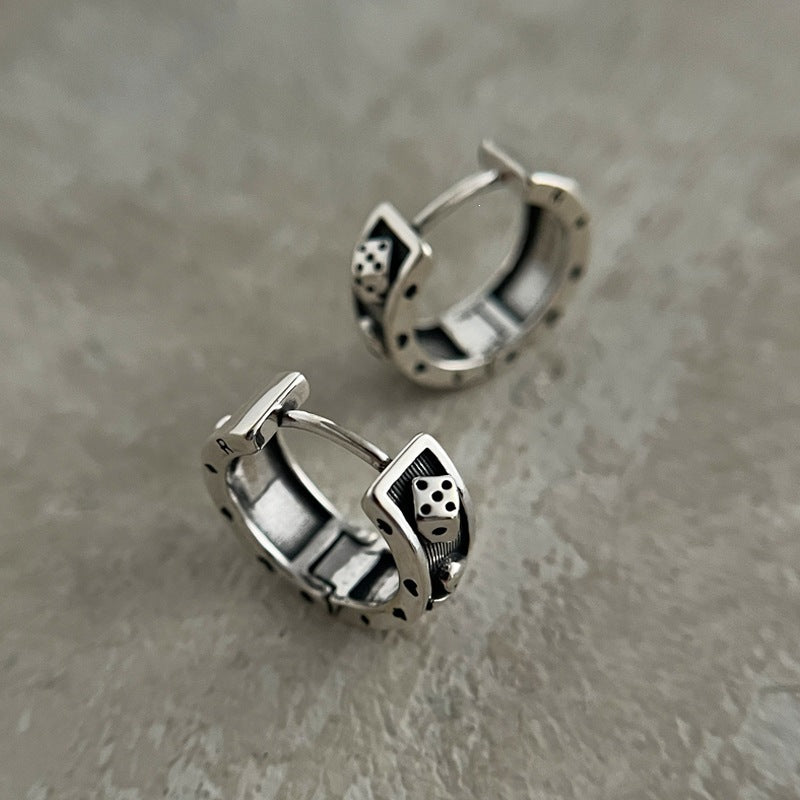 For Men's Steel Color Dice Earrings Featuring Electroplated Finish With Copper Ear Pins And Artificial Gemstones