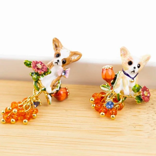 Cute Asymmetrical Dog Stud Earrings For Women, Electroplated Copper With Gem Inlay