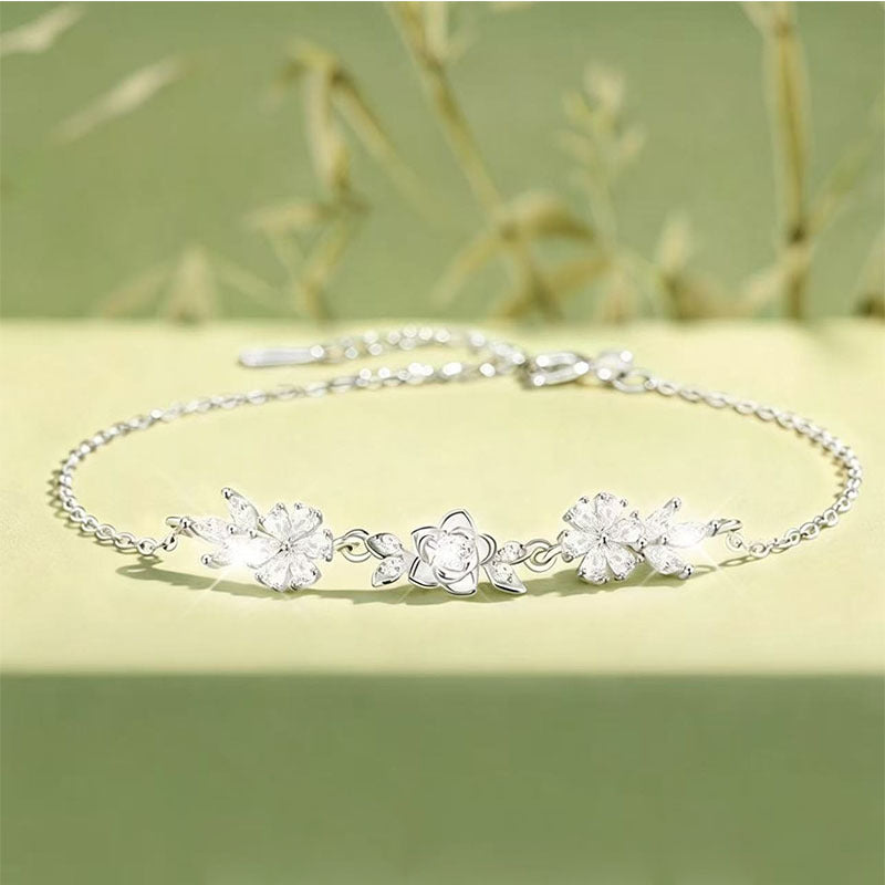 Elegant Flowers Bracelet For Women In Copper With Electroplated Gold Plating And Rhinestone Inlay