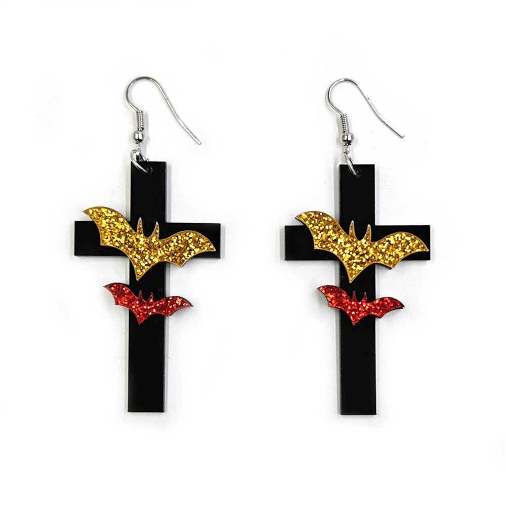 Hip-Hop Dyed Black Acrylic Bat Earrings With Iron Studs, Unisex Style