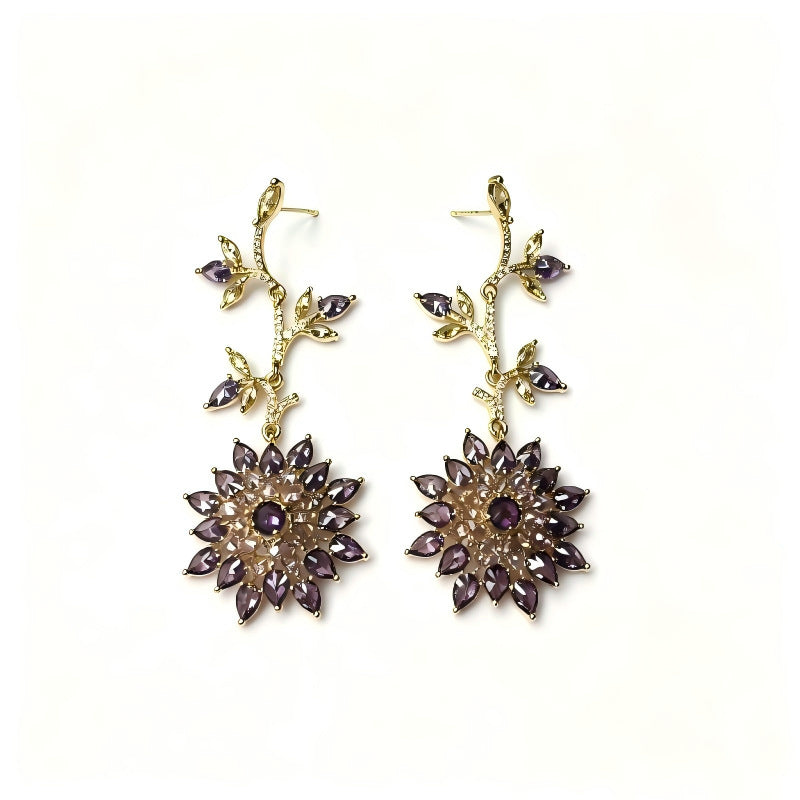 Gold Flowers Earrings For Women Featuring Brass Material And Zircon Inlay With 304 Stainless Steel Ear Pins, 1 Pair