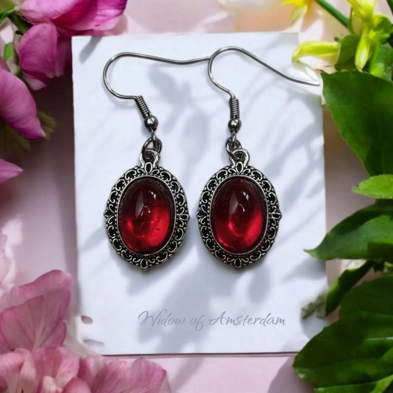 Starburst Gothic Earrings For Women In Wine Red Zinc Alloy With Glass Inlay