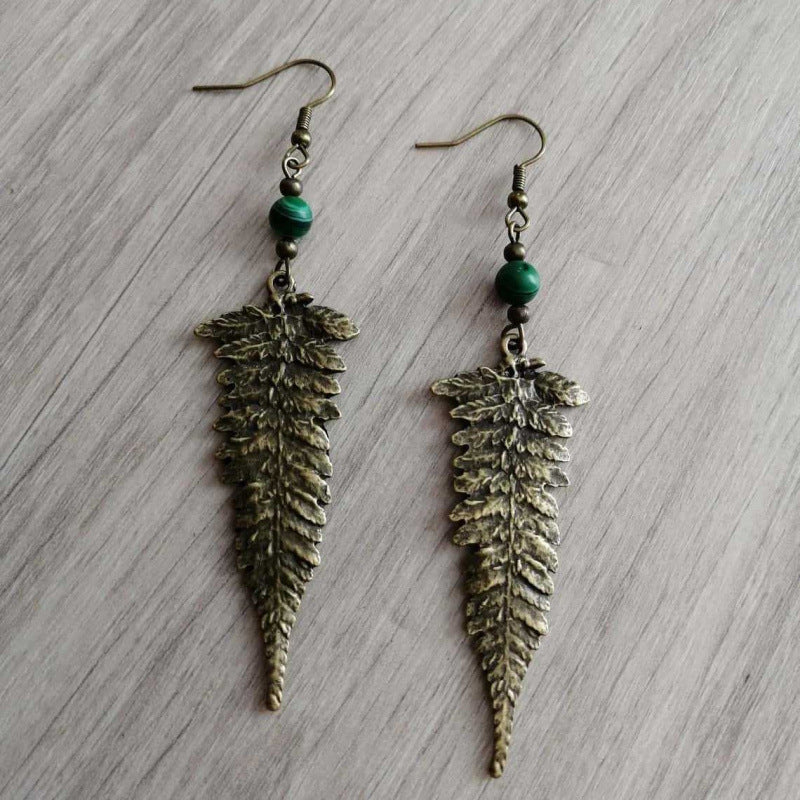 Handmade Bronze Leaf Earrings For Women With Malachite Inlay, Featuring Iron Ear Pins And Alloy Craft