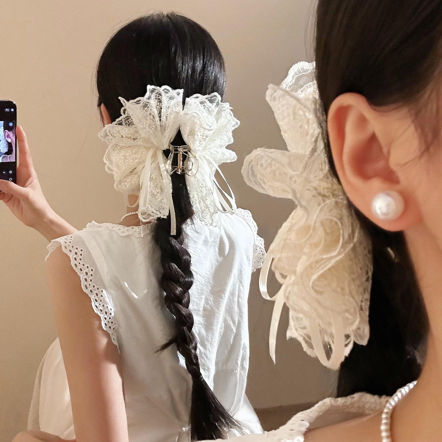 French Style Bow Tie Hair Claws For Women In Beige Lace, Perfect Hairpin For  Spring And Summer