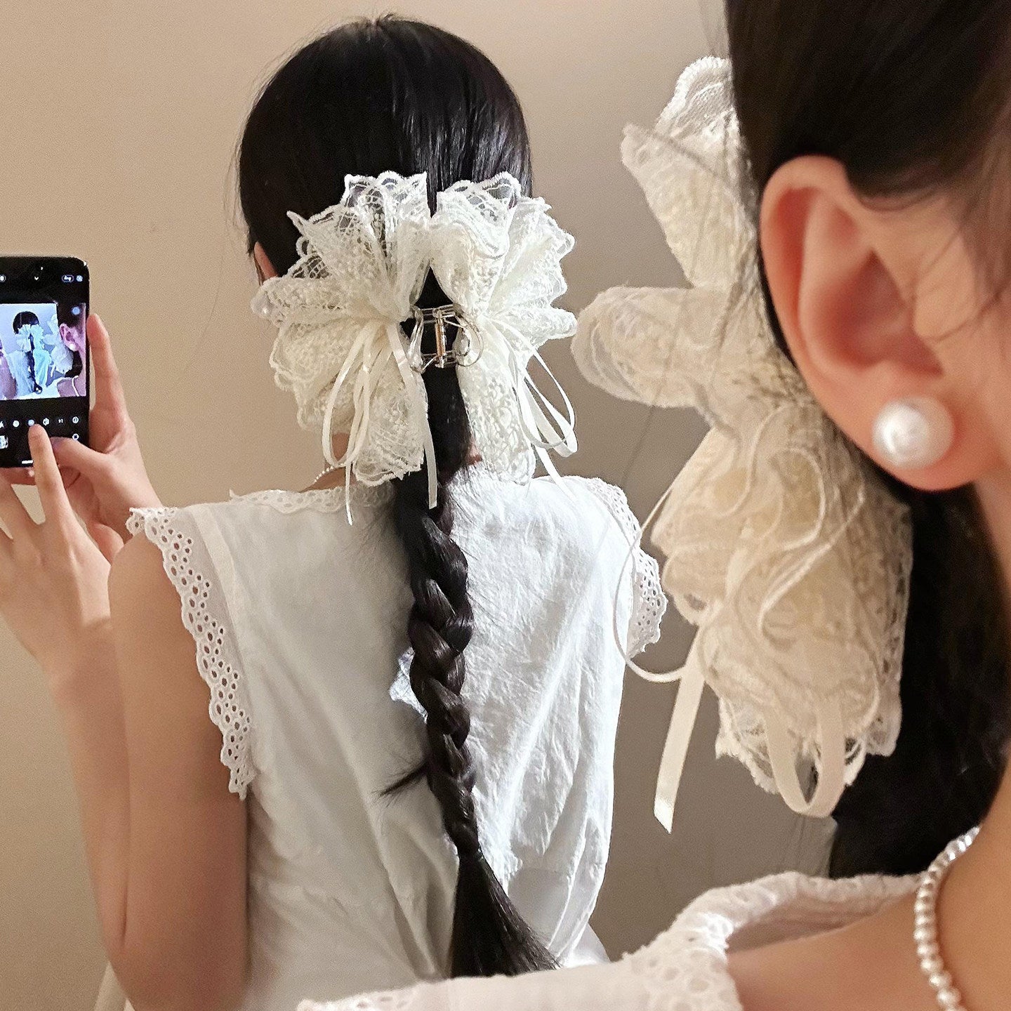 French Style Bow Tie Hair Claws For Women In Beige Lace, Perfect Hairpin For  Spring And Summer