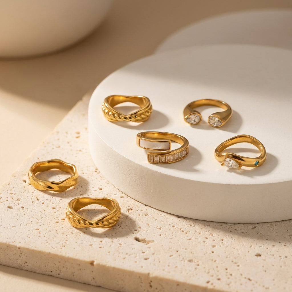 Geometric Electroplated Rings For Women In 304 Stainless Steel With 18K Real Gold PVD Coated And Shell Inlay