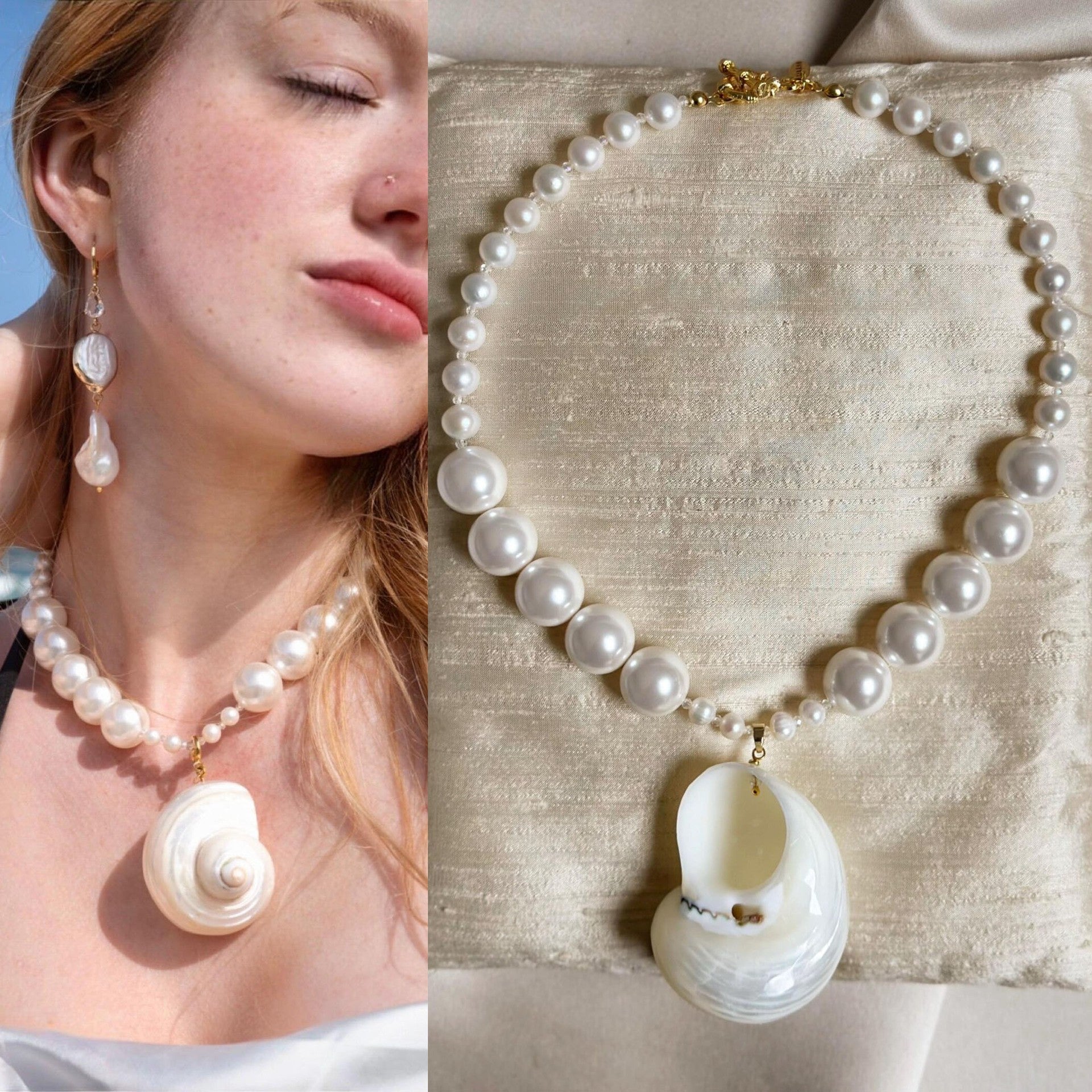 Conch Freshwater Pearl Titanium Steel Beaded Handmade Conch Pendant Necklace