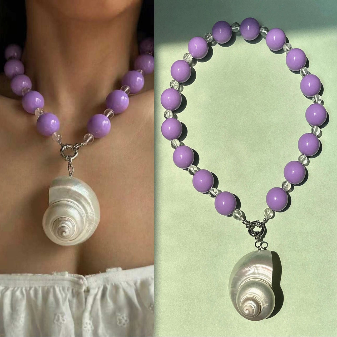 Conch Freshwater Pearl Titanium Steel Beaded Handmade Conch Pendant Necklace