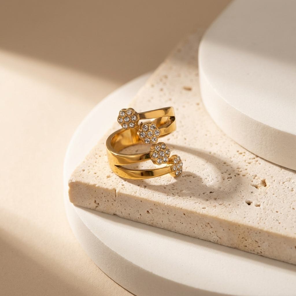 Geometric Electroplated Rings For Women In 304 Stainless Steel With 18K Real Gold PVD Coated Plating And Shell Inlay
