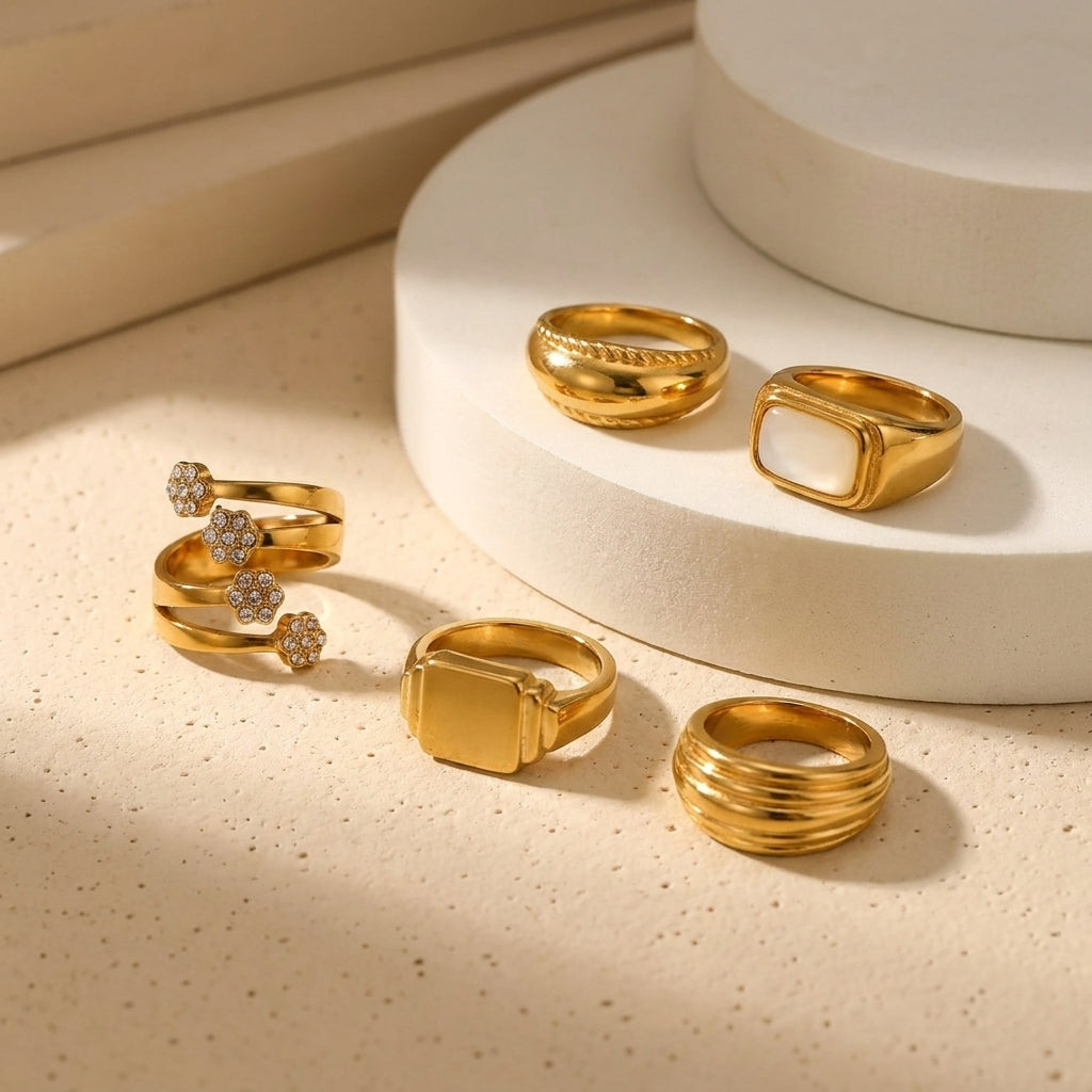 Geometric Electroplated Rings For Women In 304 Stainless Steel With 18K Real Gold PVD Coated Plating And Shell Inlay