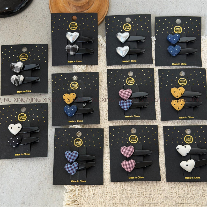 Sweet Heart Shape BB Clips Hair Accessories For Women In Mixed Materials With Fabric Inlay, 1 Pair