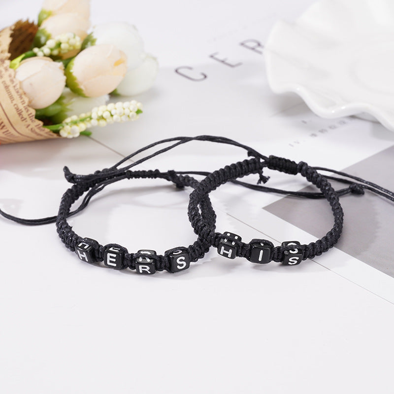 Couple Letter Stoving Varnish Bracelet In Dyed Black With Mixed Materials, 1 Pair