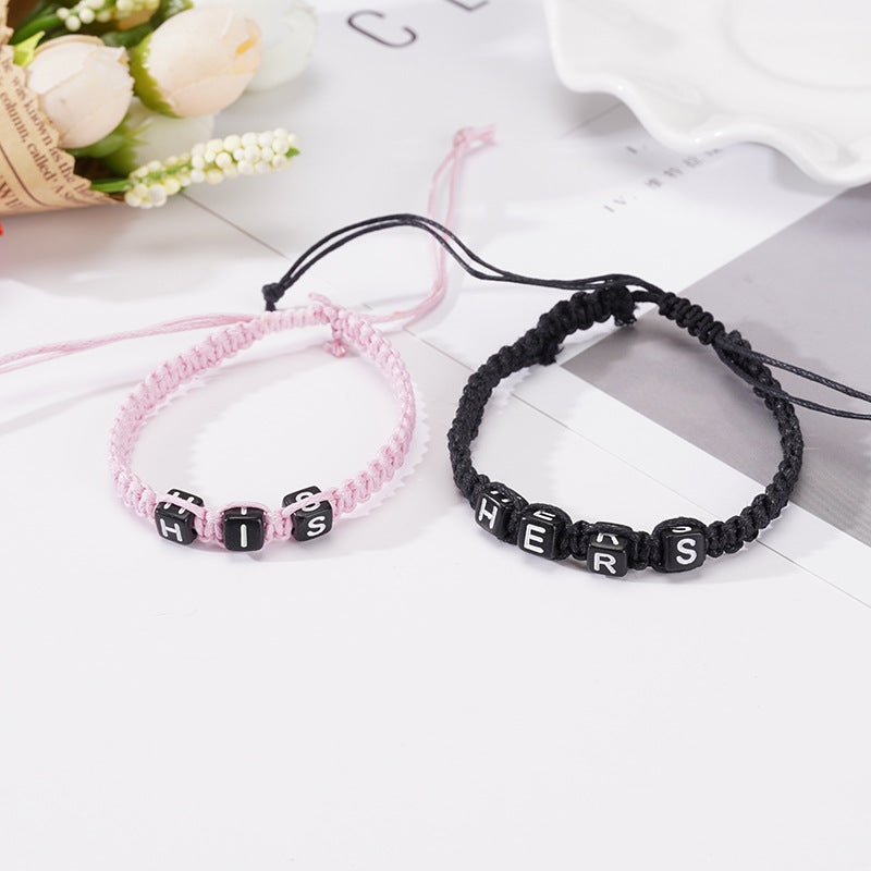 Couple Letter Stoving Varnish Bracelet In Dyed Black With Mixed Materials, 1 Pair