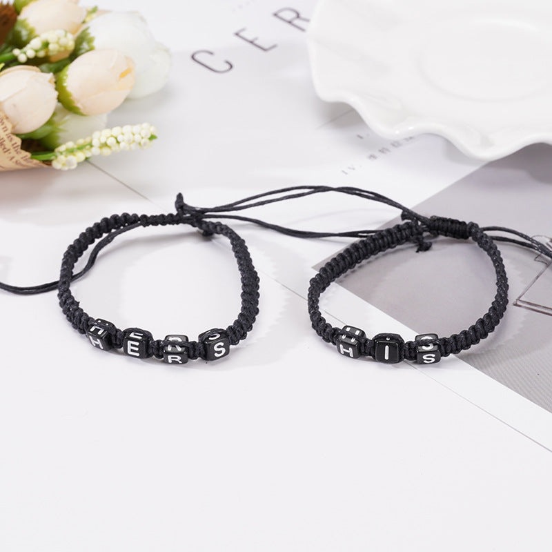 Couple Letter Stoving Varnish Bracelet In Dyed Black With Mixed Materials, 1 Pair