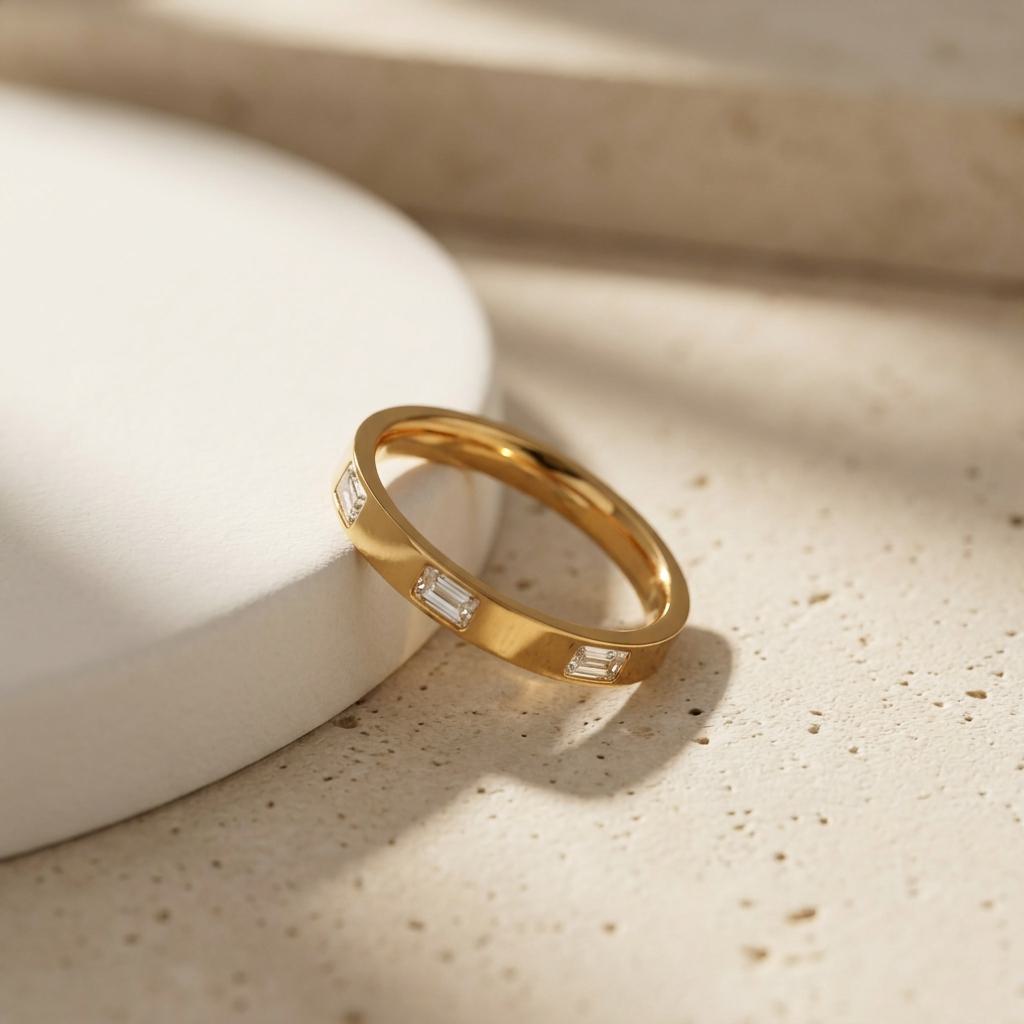 Geometric Electroplated Rings For Women In 304 Stainless Steel With 18K Real Gold PVD Coating And Zircon Inlay