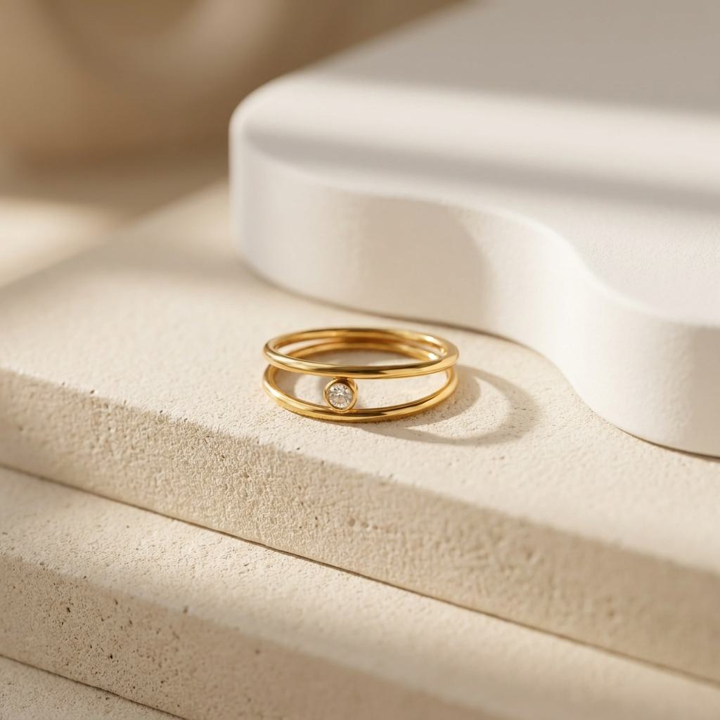 Geometric Electroplated Rings For Women In 304 Stainless Steel With 18K Real Gold PVD Coating And Zircon Inlay