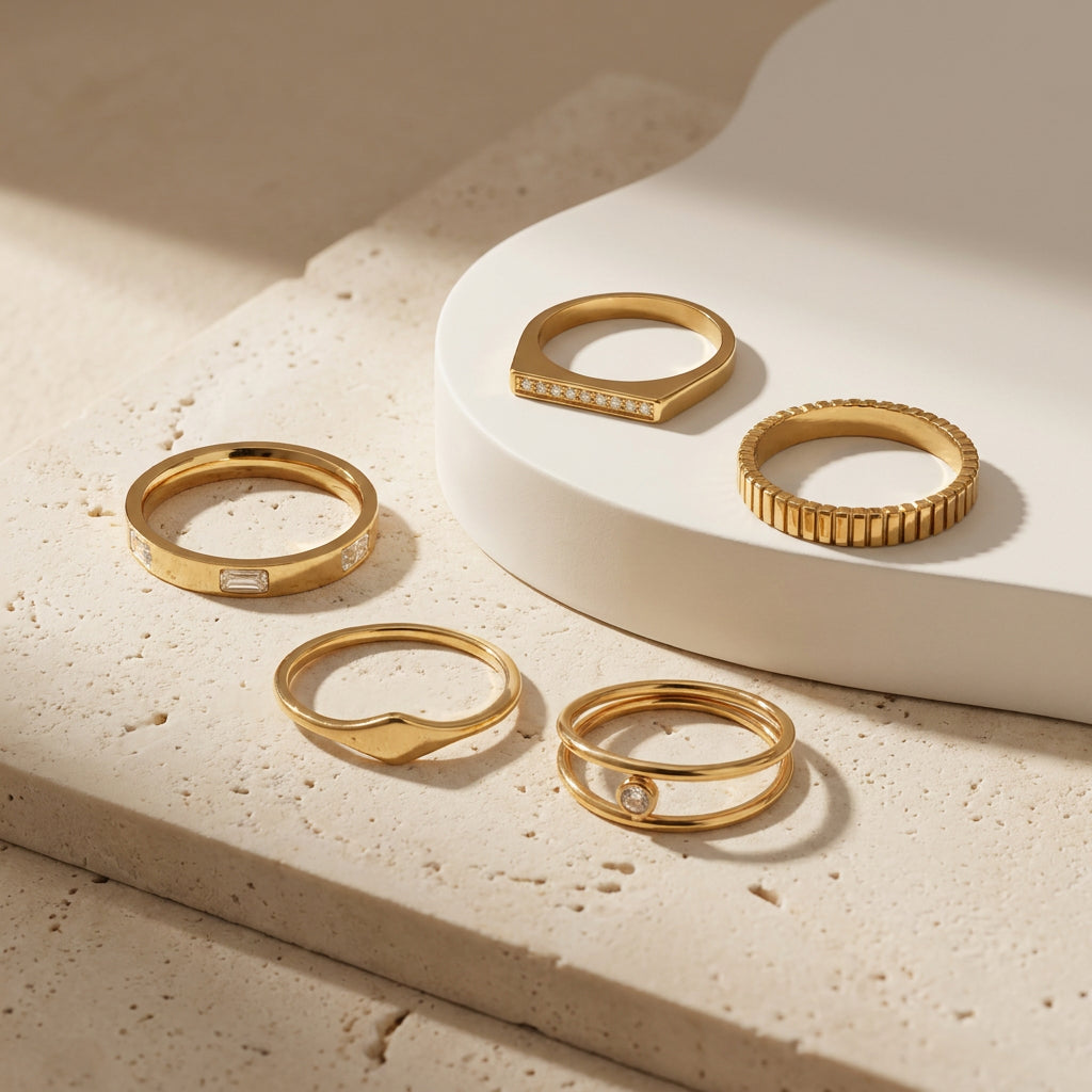 Geometric Electroplated Rings For Women In 304 Stainless Steel With 18K Real Gold PVD Coating And Zircon Inlay