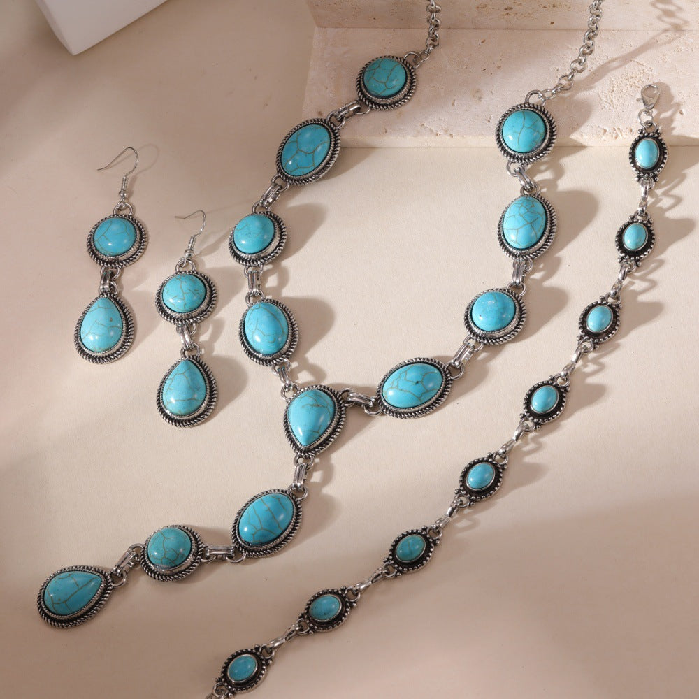 Bohemian Small Stud Earrings For Women Featuring Water Droplets Pattern With Turquoise Inlay And Electroplated Alloy Finish