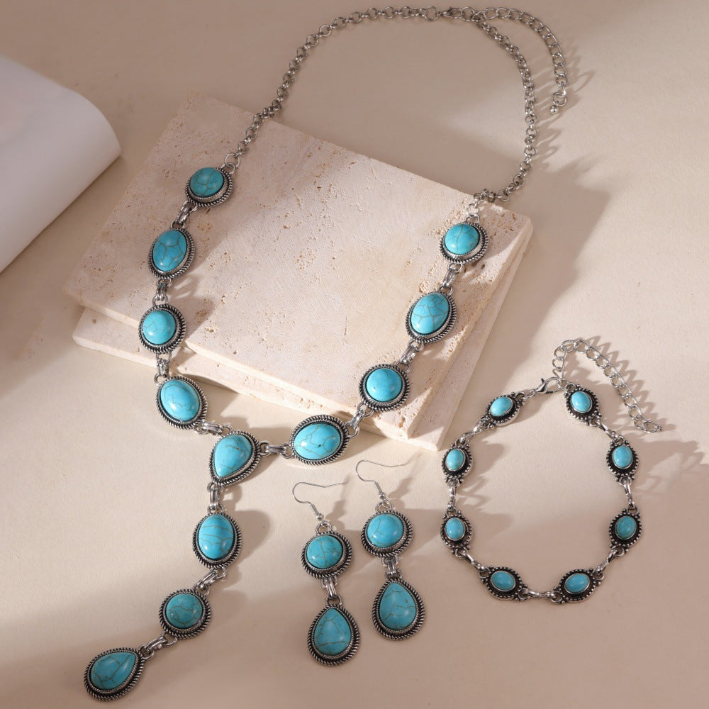 Bohemian Small Stud Earrings For Women Featuring Water Droplets Pattern With Turquoise Inlay And Electroplated Alloy Finish
