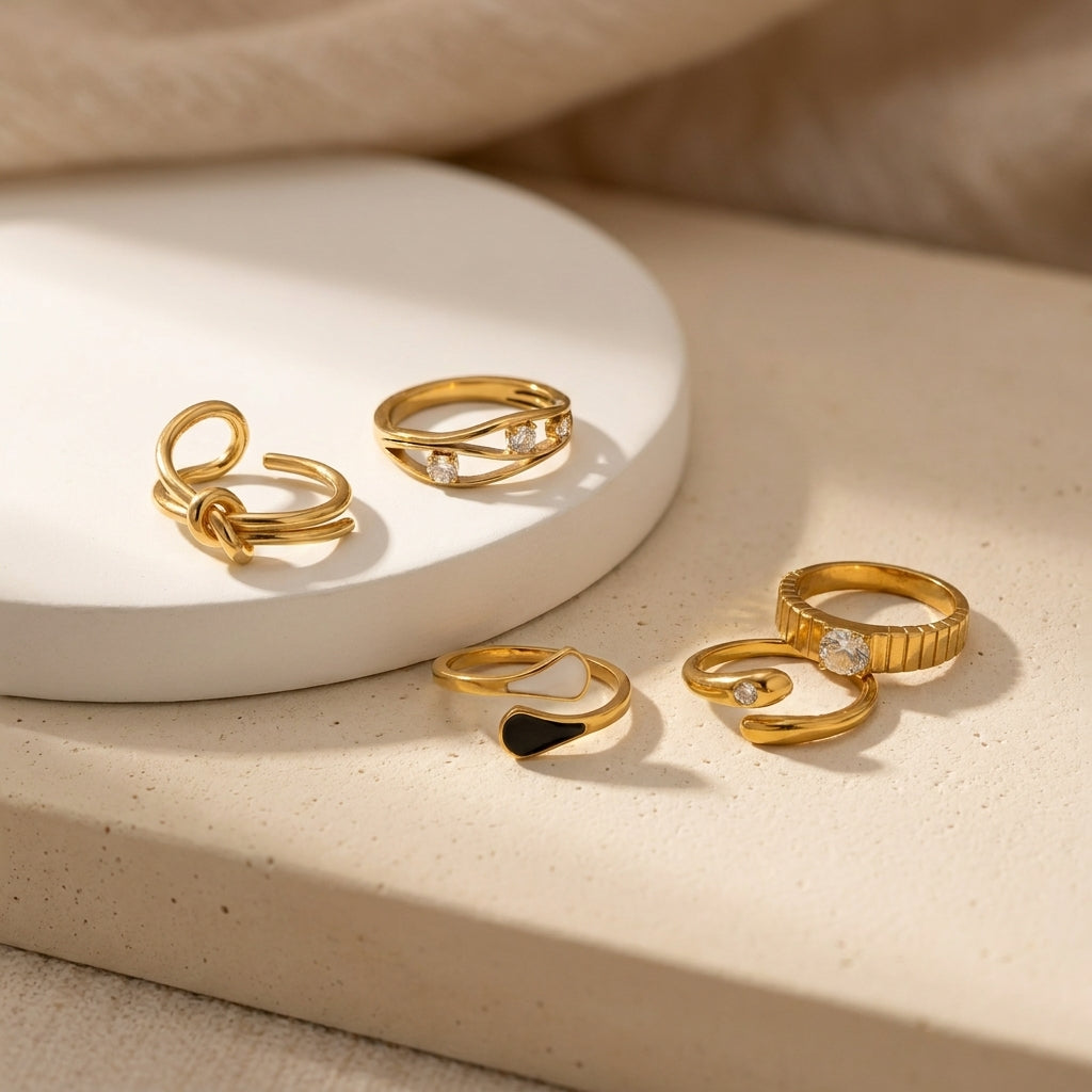 Geometric Electroplated Rings For Women In 304 Stainless Steel With 18K Real Gold PVD Coating And Shell Inlay