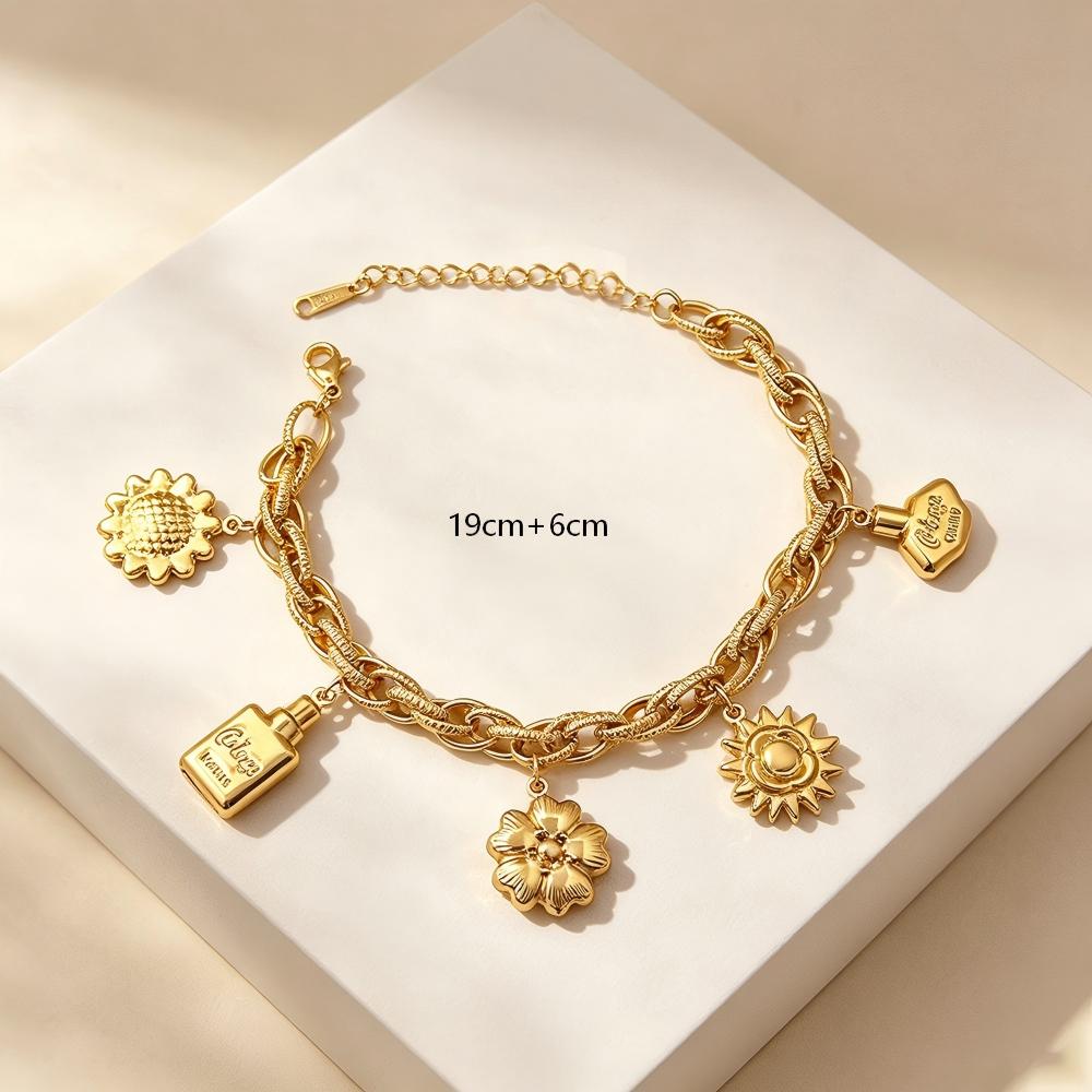 Classic Style Asymmetrical Bottle Bracelet For Women In 201 Stainless Steel With Figaro Chain And KC Golden Plated Finish