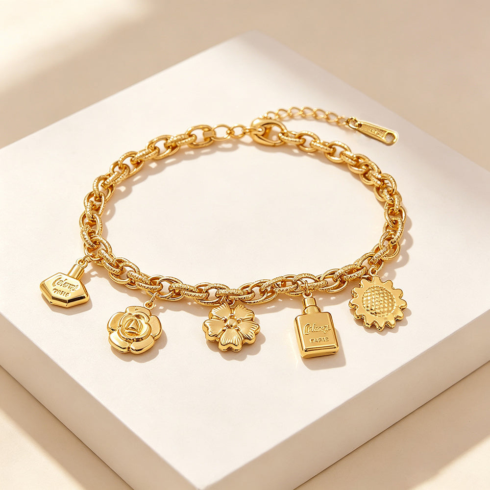 Classic Style Asymmetrical Bottle Bracelet For Women In 201 Stainless Steel With Figaro Chain And KC Golden Plated Finish