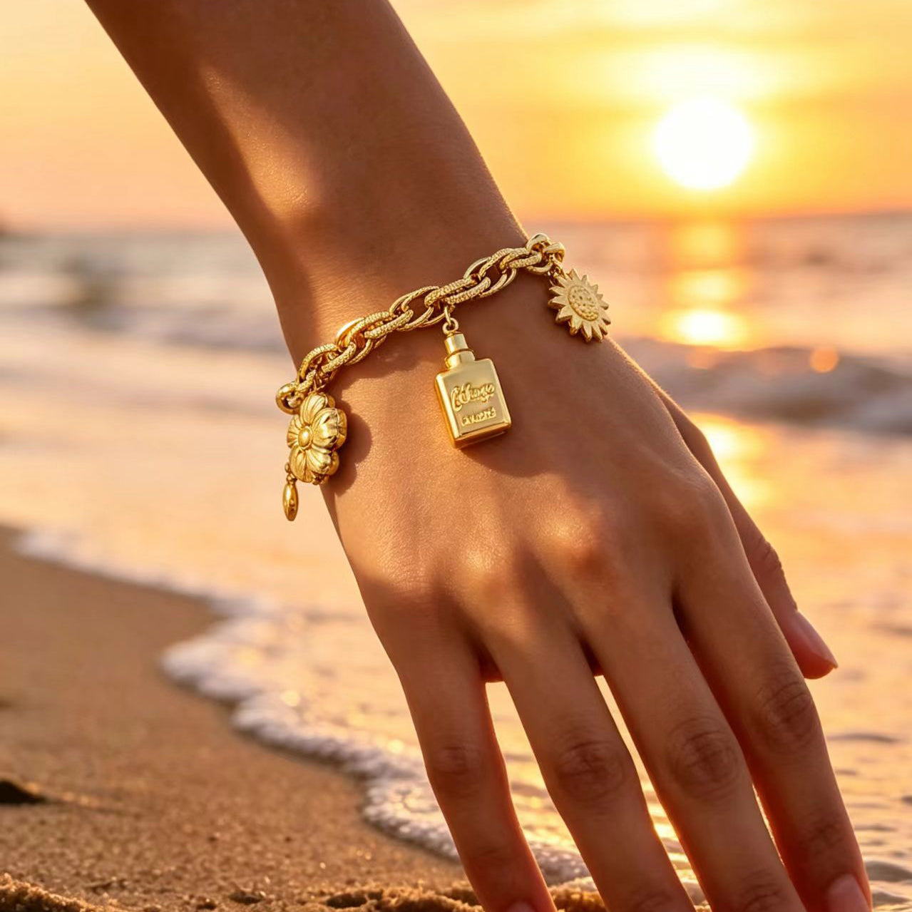 Classic Style Asymmetrical Bottle Bracelet For Women In 201 Stainless Steel With Figaro Chain And KC Golden Plated Finish