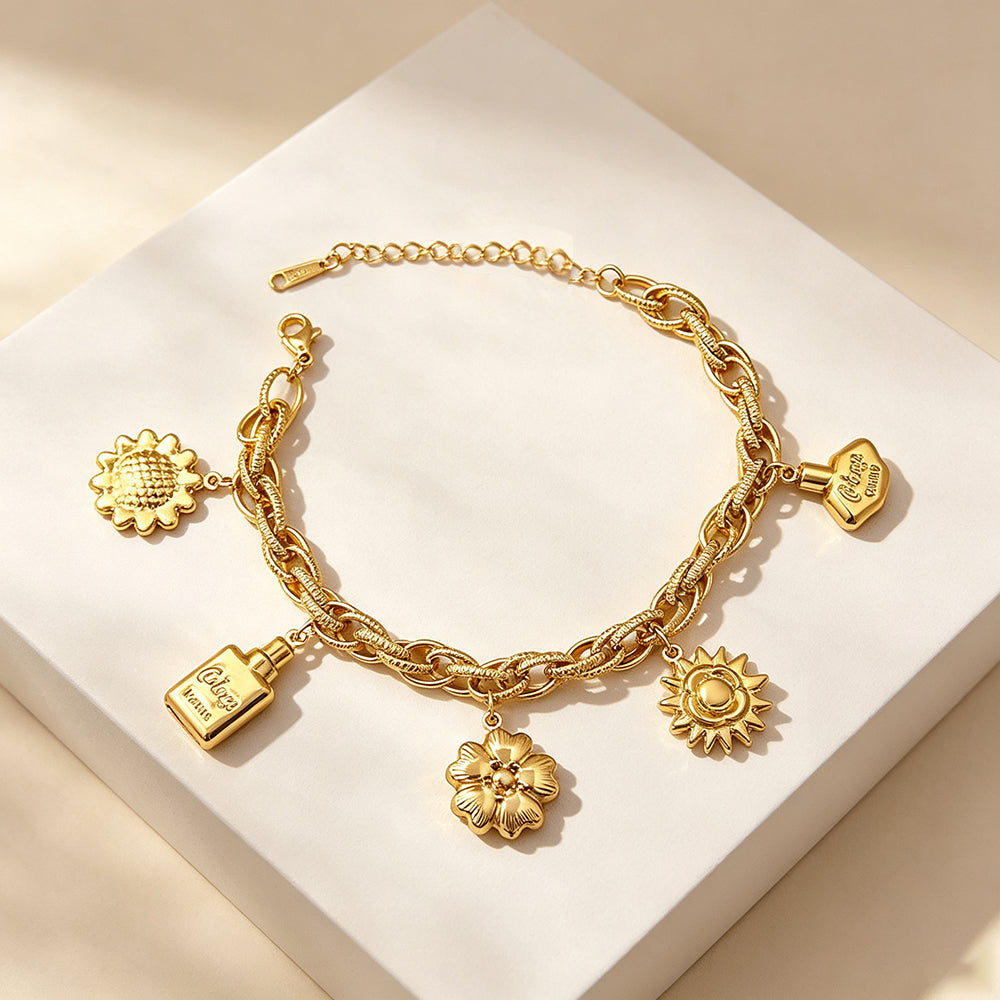 Classic Style Asymmetrical Bottle Bracelet For Women In 201 Stainless Steel With Figaro Chain And KC Golden Plated Finish